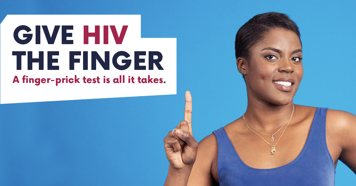 Give HIV the finger advert - woman with finger in air