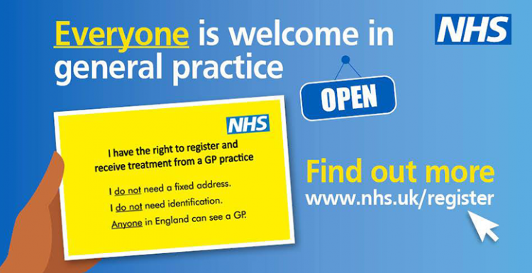 Everyone is welcome in General Practice Graphic shows right to register card