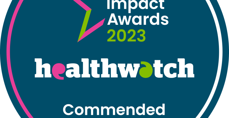 Circular badge with Healthwatch Impact Awards 2023 Commended written on it and a star logo