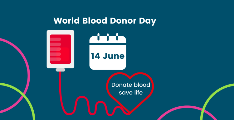 An image of a blood bag leading into a heart which says donate blood, save a life. An image of a calendar with the date June 14th, highlighting the date as world blood donation day