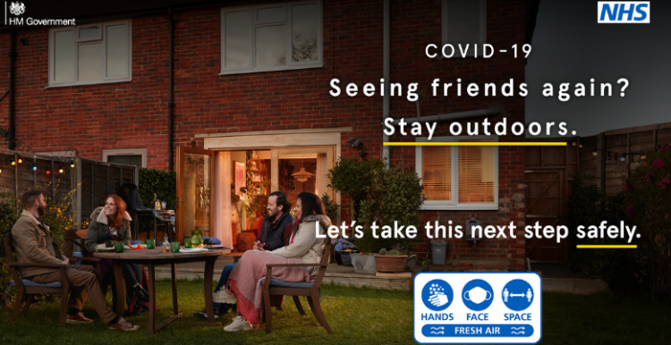 Meet ups must be outside if it's with people outside of your household graphic explaining new social distancing outdoors