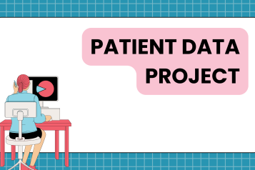 Illustration of person sitting at a computer at a desk. Text says: Patient Data Project.