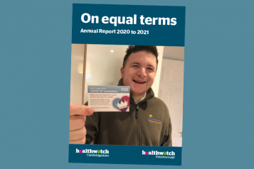 Picture shows cover of annual report. Picture of man holding Covid-19 vaccination card and smiling