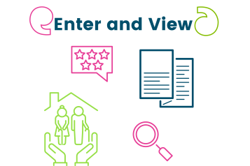 Graphics of a magnifying glass, report, review and a care home