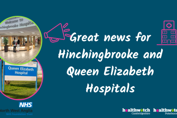 Images of Hinchingbrooke Hospital and welcome sign for Queen Elizabeth Hospital. Icons of a megaphone and hospital on a blue background.