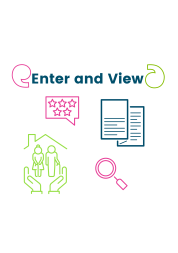 Graphics of a magnifying glass, report, review and a care home