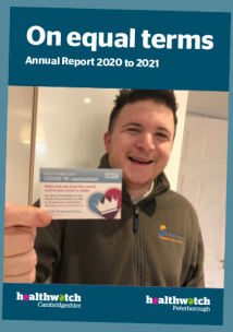 Picture shows cover of annual report. Picture of man holding Covid-19 vaccination card and smiling